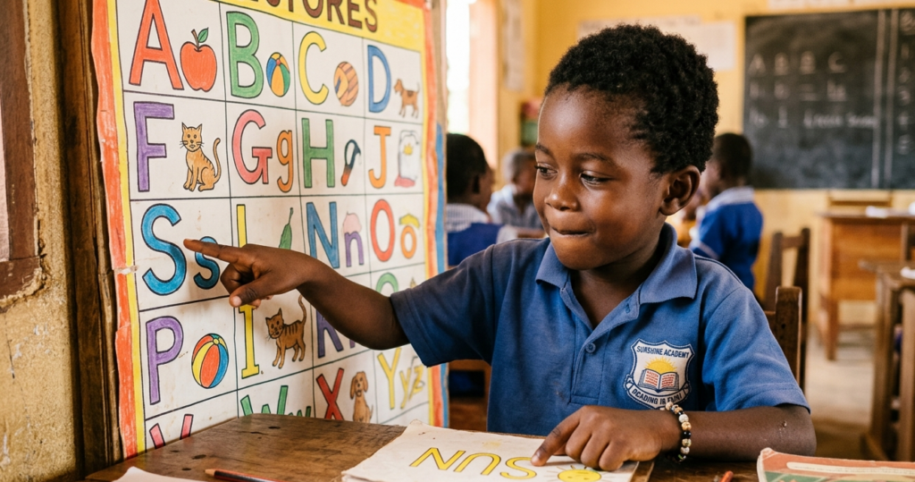 Child developing early reading skills during literacy instruction